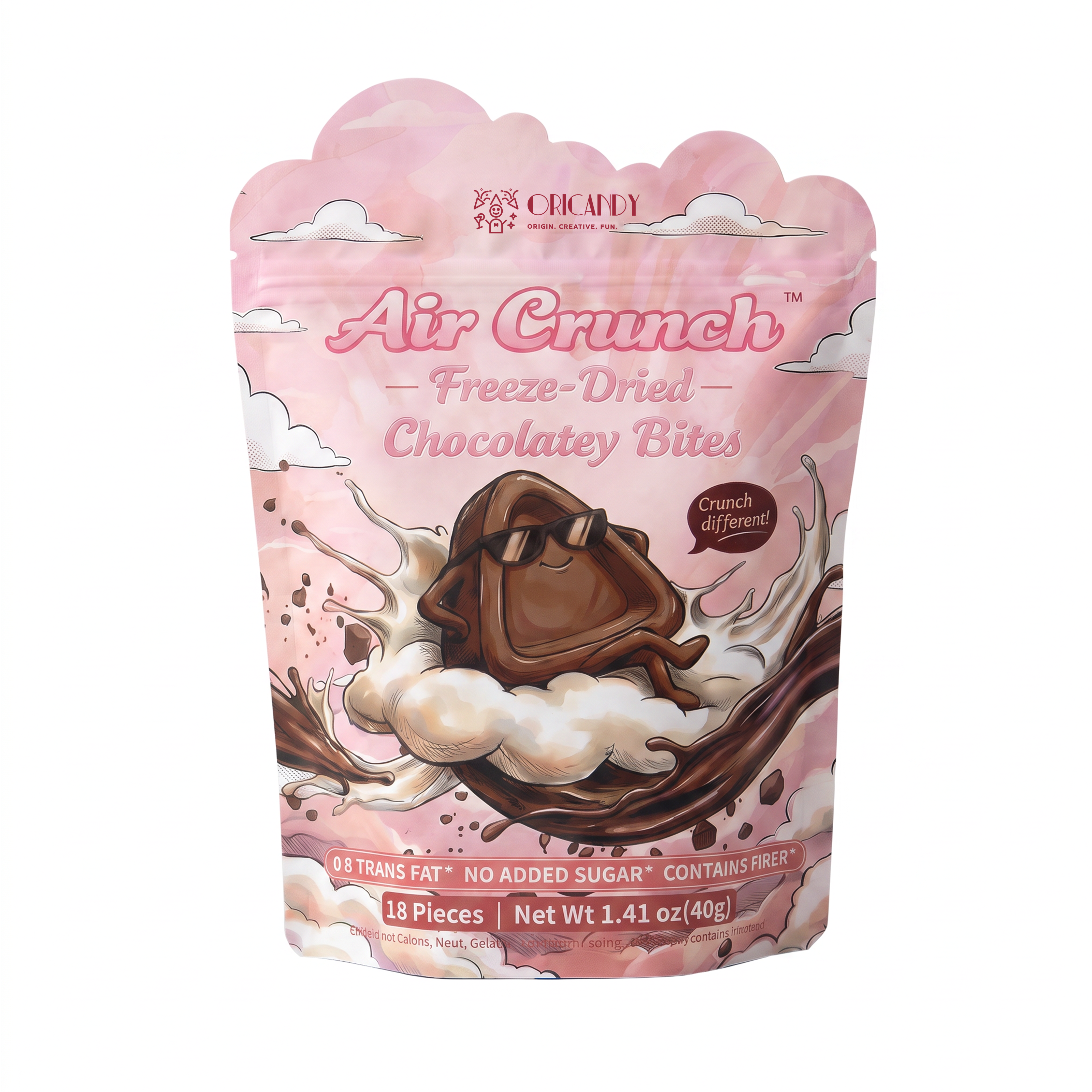 Air Crunch Freeze-Dried Chocolate Bites, No Added Sugar, 1.41 oz Low calorie crispy chocolate bites with fiber, no added sugar, 18 pieces, made with real cocoa for rich chocolate flavor